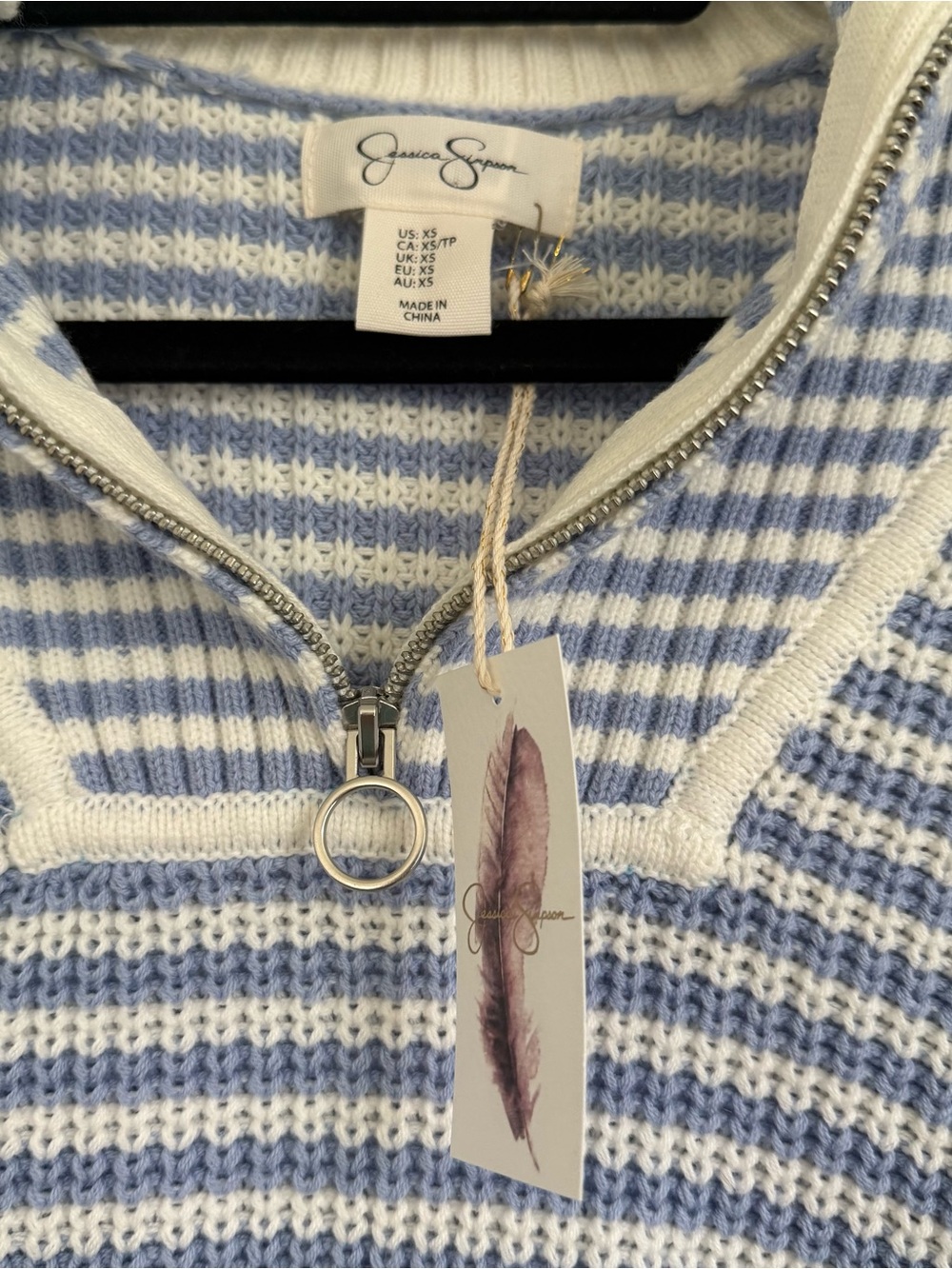 Jessica Simpson Blue and White Striped Knit Quarter-Zip Sweater Coastal XS NWT - Picture 9 of 9